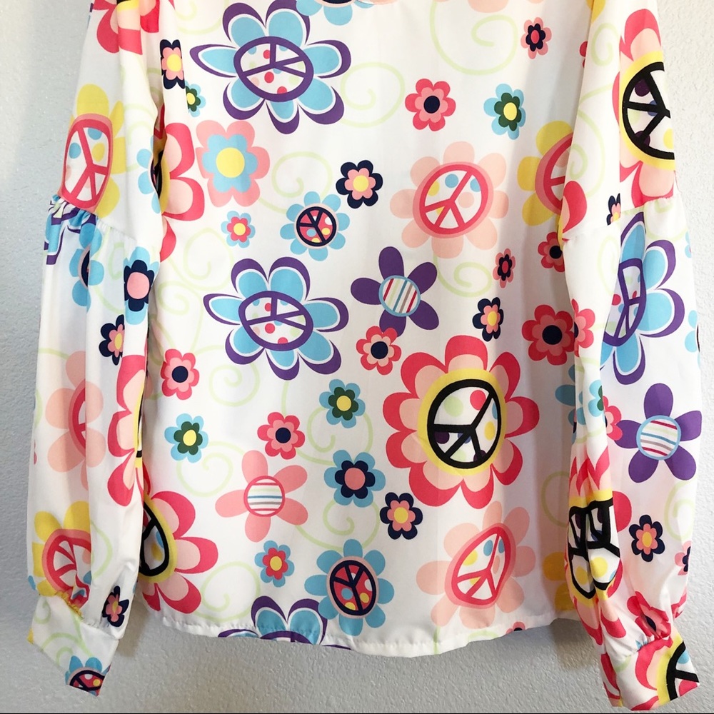 Vintage Colorful Floral & Peace Sign Top Sz Medium - Picture 4 of 8